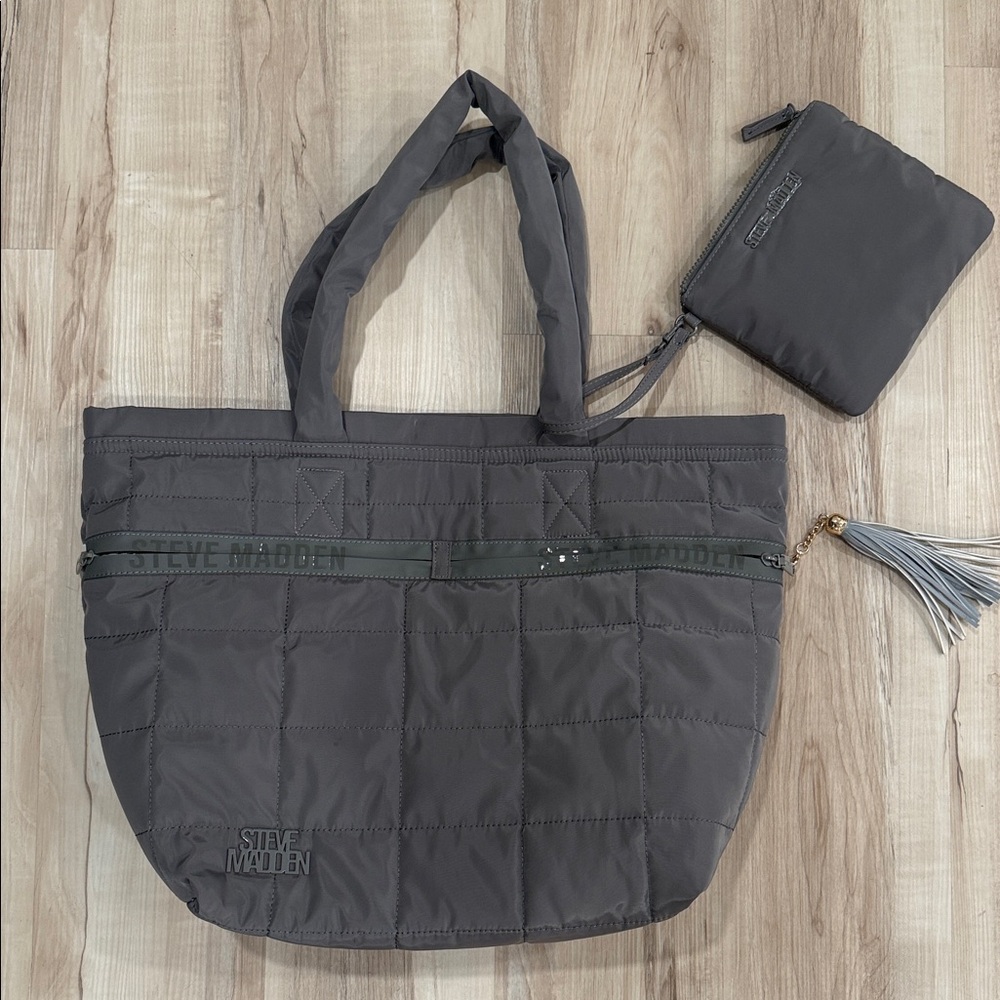 NEW Steve Madden Grey Quilted Tote with Pouch